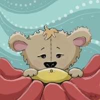 What do I see? A tiny bee. Bear and bee