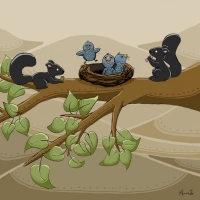 Sharing an afternoon snack time. Squirrels and birds