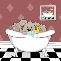 Who is enjoying the bubbles more? Bunny in tub with rubber ducky