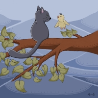 A little birdie told me. Cat and bird in tree