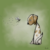 Cheer up puppy, there’s magic in the air! Dragonfly and dog