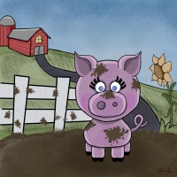 Good day for a mud bath. Pig on farm