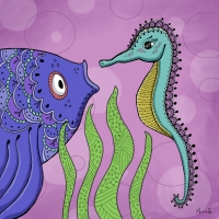 Sharing stories under the sea. Fish and seahorse